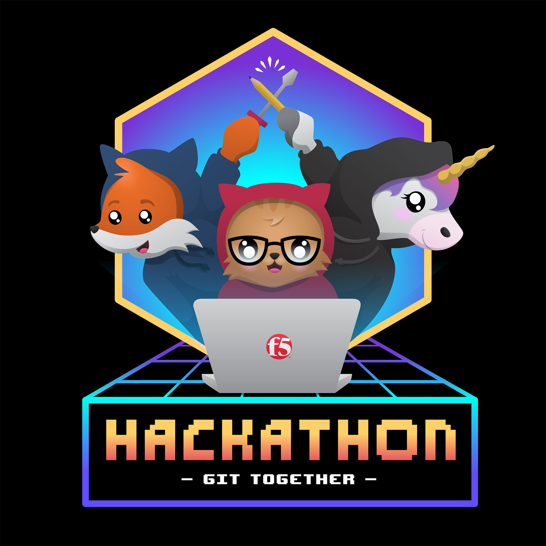 a fox, cat, and unicorn work together at a laptop in an 80s-themed future. T-shirt design for a Hackathon
